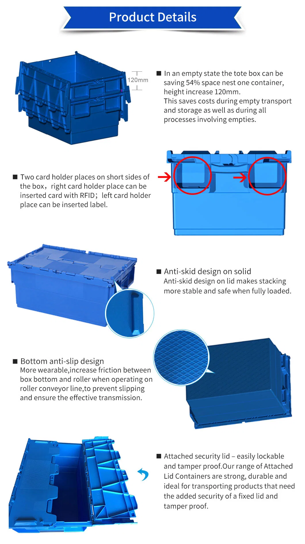 400*300*260mm Seafood Moving Tote Heavy Duty Plastic Turnover HDPE Nestable Security Keep Crate/Box with Hinging Lockable Lid