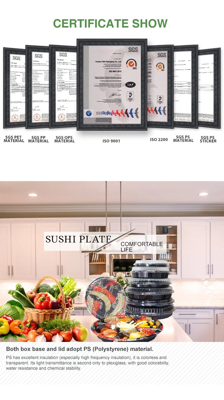 FDA/EU Free Sample Round/Rectangle/Boat Shape Plastic Food Sushi Packaging Box