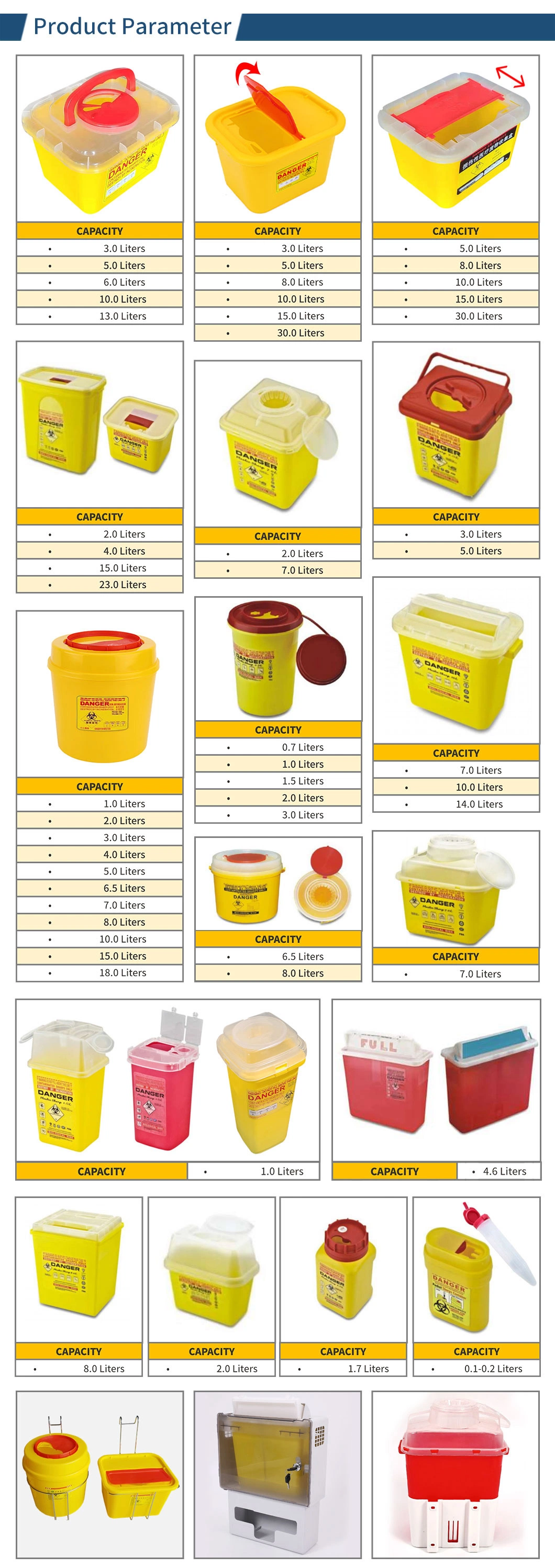 1L/3L/4L/5L/6L/8L/10L/15 Liter Yellow Red Waterproof Safety Plastic Disposable Needle Waste Biohazard Hospital Round/Squre Medical Sharp Container with Lid
